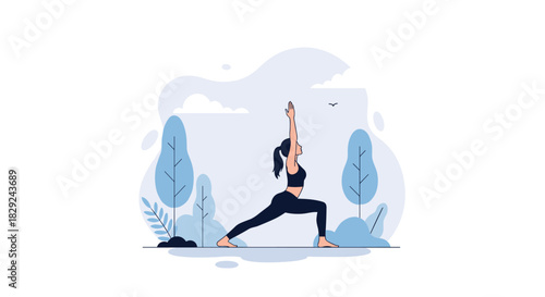 A woman in a yoga warrior pose practices mindfulness in a serene park with trees and clouds under a clear sky.