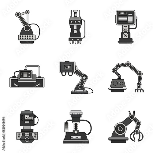 Diverse collection of industrial robotic arms and automated machinery icons for modern manufacturing and technology concepts
