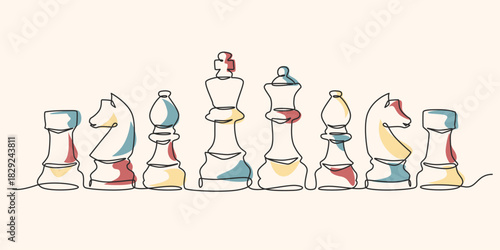 Chess figures set one line drawing. Black silhouettes. King, queen, bishop, pawn, horse, knight, rook single line illustration