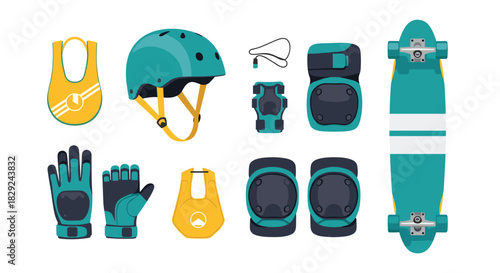 Collection of skateboarding protective gear and accessories, including helmet, pads, gloves, and a skateboard.