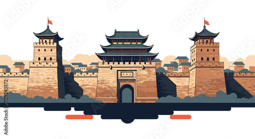 An impressive ancient Chinese city wall with prominent watchtowers, a central gate, and traditional buildings, symbolizing historical defense.