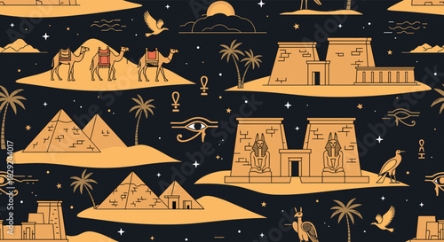 A stylized illustration of ancient Egyptian structures and symbols against a dark background, evoking a sense of history and mystery.