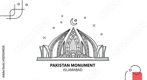 The Pakistan Monument, a national landmark in Islamabad, is depicted in a modern line art illustration style with a crescent and star.