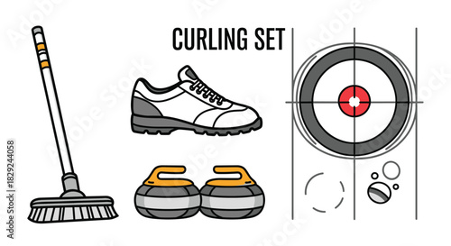 Illustration of a curling set including a broom, shoe, and stones on a target.