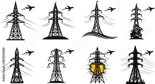 Electricity pylon silhouettes with airplane flying overhead in creative artistic styles, high voltage tower illustration, aviation and power line concept