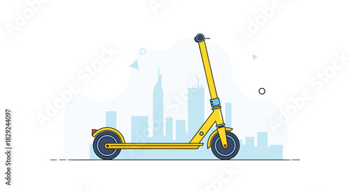 A vibrant yellow electric scooter in a side profile is set against a light blue, abstract cityscape, symbolizing modern urban mobility and sustainable travel.