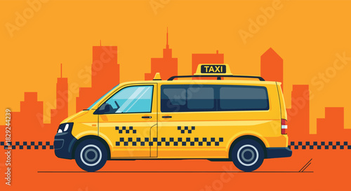 A bright yellow taxi van with a 'TAXI' sign and checkerboard pattern is illustrated against an orange city skyline, representing urban transportation.