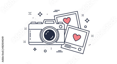 Illustration of a camera with photographs featuring hearts, representing memories, love, or sentimental value in visual storytelling.