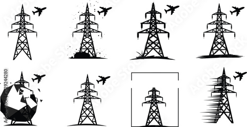 Electricity pylon silhouettes with airplane in artistic variations, high voltage tower illustration, energy infrastructure artwork, aviation and power line concept