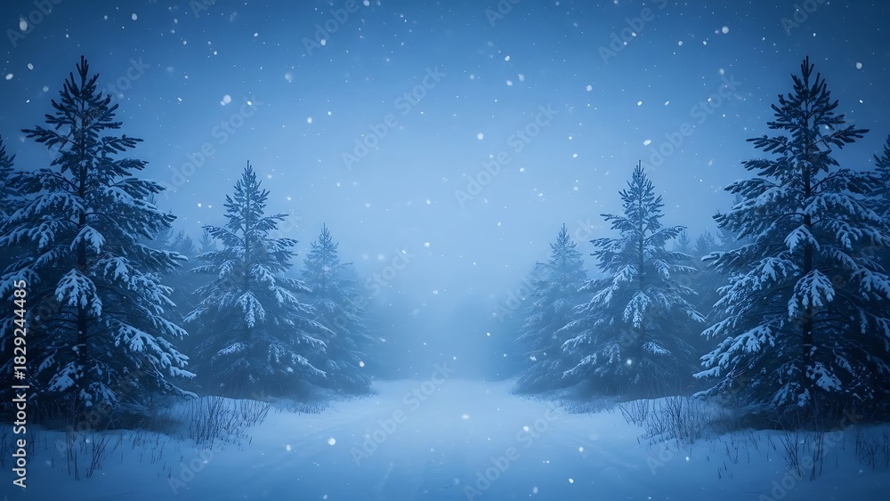Obraz premium Winter Forest Scene with Snow- Covered Pine Trees and Falling Snow image photo