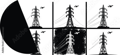 Electricity pylon vector set, airplane silhouette artwork, creative power tower illustrations, abstract energy infrastructure graphics, industrial design elements for stock use