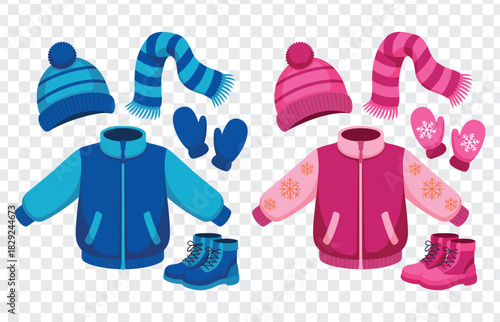 Winter clothing collection with jackets, hats, scarves, and mittens