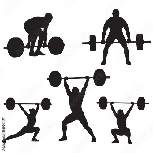 Weightlifter Poses Silhouette Set - Barbell Lifting Vector