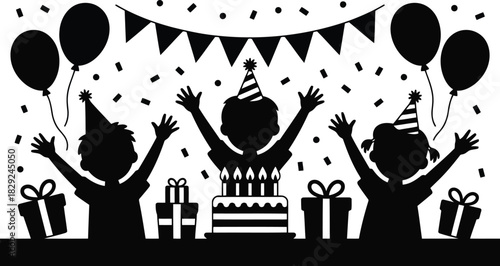 Cheerful silhouette of three children celebrating a birthday with gifts, balloons, and cake