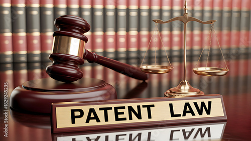 Gavel and scales of justice symbolize patent law intellectual property rights and legal protection for inventions in a courtroom or legal office setting