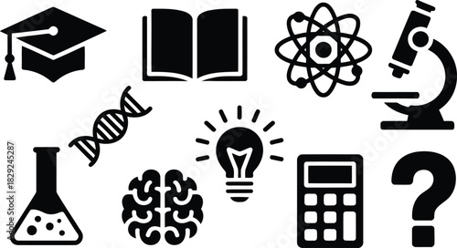 Collection of black science and education icons illustrating learning, research, and intellectual development