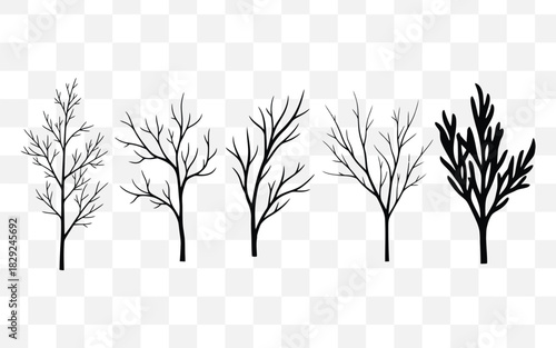 Hand drawn bare trees silhouettes in winter or autumn season isolated