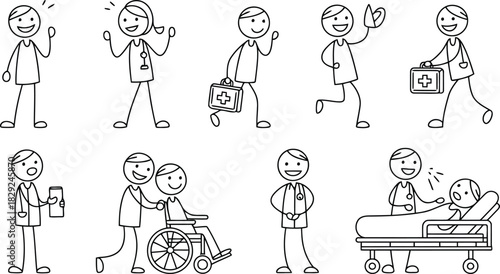 Collection of happy stick figure doctors and nurses interacting with patients in a medical setting
