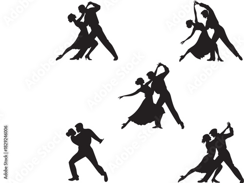 Silhouette Dance Set: Silhouettes of a dancing couple, captured mid-motion, showcasing elegance and rhythm, dance and a beautiful, timeless, romantic interaction.