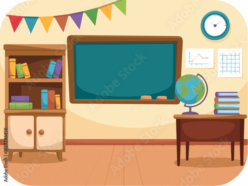 Illustration of classroom interior with blackboard globe bookcase and school supplies vector design 100