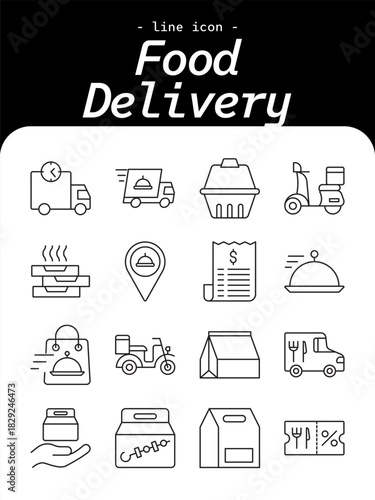 Food Delivery thin line icon set. Online ordering, fast delivery, scooter, takeaway, restaurant service, and meal transport outline icon collection.