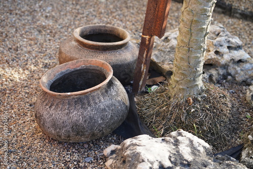 Wallpaper Mural Rustic Clay Pots Nestled Among Stones and Tree in Outdoor Garden Setting Torontodigital.ca