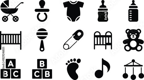 Essential infant care items and childhood development symbols presented as black silhouette icons on white