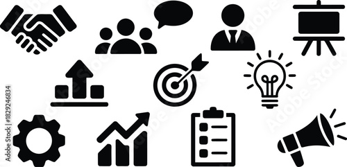 Essential business and marketing concept icons showing teamwork communication strategy and idea generation elements