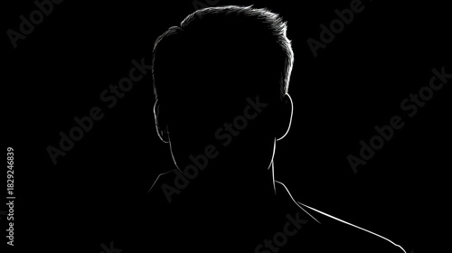 Dramatic silhouette of an anonymous person's head and shoulders, strongly backlit in monochrome against a black background, mysterious