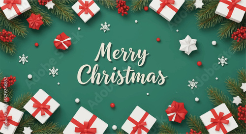 Festive Merry Christmas Greeting with Gifts and Decorations.