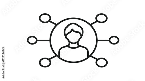 Outline vector icon of a person at the center of a network, representing social connections, business networking, communication, and user community.