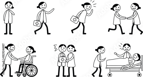 Female stick figure doctors and nurses provide compassionate medical care to diverse patients