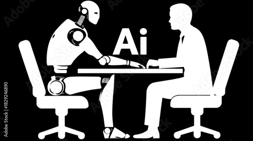 Artificial Intelligence (AI) concept with robot and human silhouette meeting at a table, symbolizing future technology discussion.
