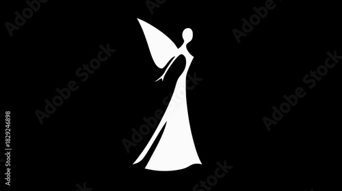 Elegant angelic woman silhouette with graceful wings and a flowing gown against a minimalist black background, divine symbol.