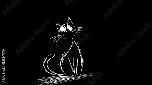 Melancholy Hand-Drawn Black Cat Illustration, Stylized Sketch with Big Expressive Eyes on Dark Background