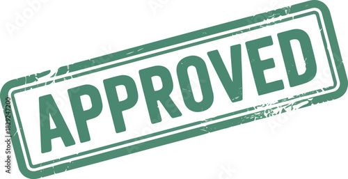 Green rectangular rubber stamp with the word APPROVED signifies official consent and successful validation