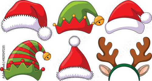 Group of traditional red Santa hats, green elf hats, and reindeer antlers for celebrations