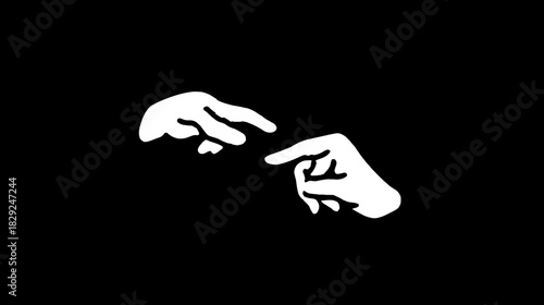Minimalist black and white abstract illustration of two human hands almost touching fingertips, symbolizing connection, creation, interaction, and human bond.