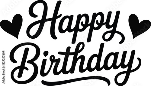 Happy Birthday text with decorative black hearts on a plain white surface