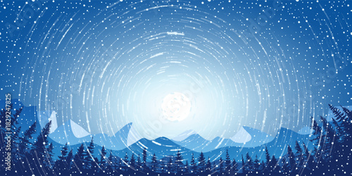 Winter vector illustration, snowstorm against the sun, mountains and forest
