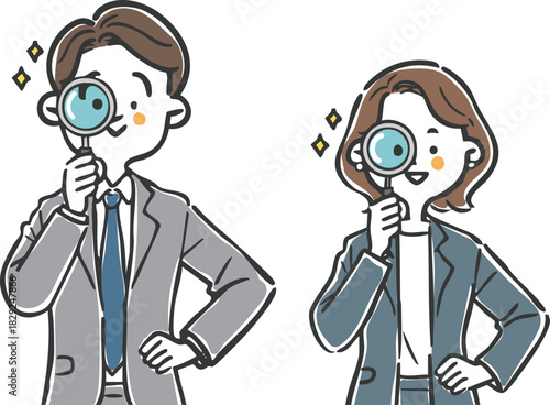 虫眼鏡をのぞくビジネスパーソン　上半身　ベクター
