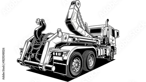 Black and white illustration of a roll-off truck with a hook and chain mechanism, viewed from a low angle perspective.