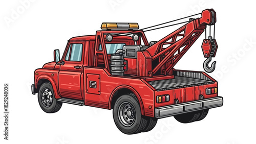 Illustration of a red tow truck with a crane boom, ready for roadside assistance and vehicle recovery.