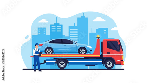 Illustration of a tow truck carrying a blue car, with a mechanic standing nearby, set against a backdrop of city buildings.