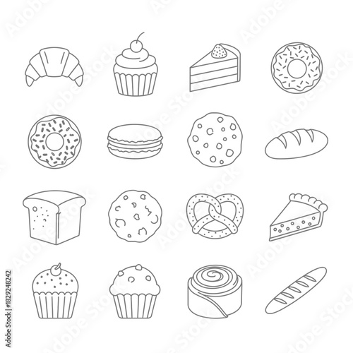 Delicious baked goods collection featuring croissants, cupcakes, donuts, cookies, bread, and pies for culinary designs