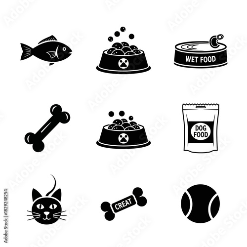 Essential pet supplies and icons featuring food bowls, treats, toys, and animal silhouettes for animal care branding and design