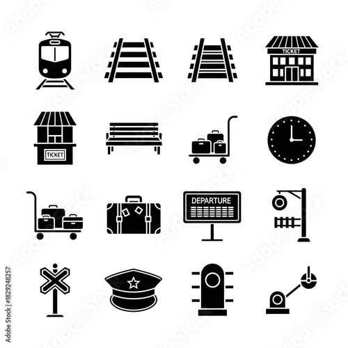 Collection of essential railway travel icons depicting trains, tracks, station, tickets, luggage, and signage for seamless journey planning