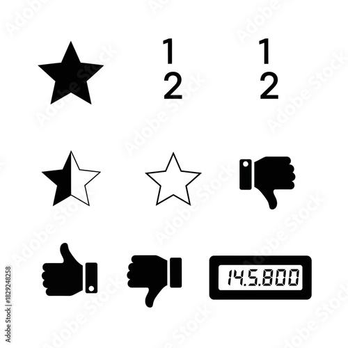 Collection of rating icons including stars, thumbs up, thumbs down, and a digital counter for user feedback and evaluation