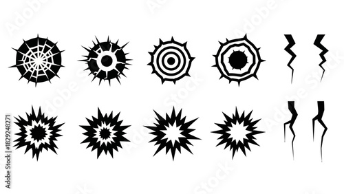 Collection of ten black and white vector illustrations depicting damage, including cracks, explosions, and shattered glass.