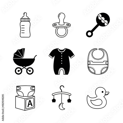 Adorable baby essentials collection featuring bottle, pacifier, stroller, outfit, diaper, mobile, rubber duck, and rattle for nursery or infant care needs.